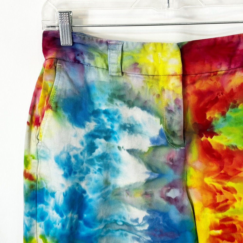 Rafaella Size 10 Shorts Handmade Tie Dye Bermuda Blue Yellow Red Mid Rise 436 - Picture 3 of 12